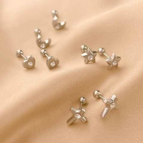Titanium Steel Rhinestone Stud Earrings Heart Star Moon Cross Shape Screw Ball Back Gold Steel Small Piercing Jewelry