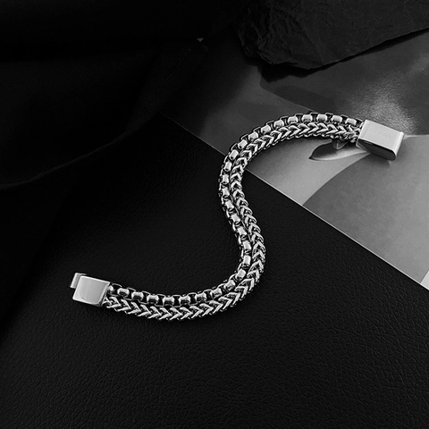 Stainless Steel Double Layer Bracelet For Men Unisex Titanium Steel Woven Chain Square Beads Bracelet Magnetic Clasp Polished Hip Hop Punk Hand Jewelry