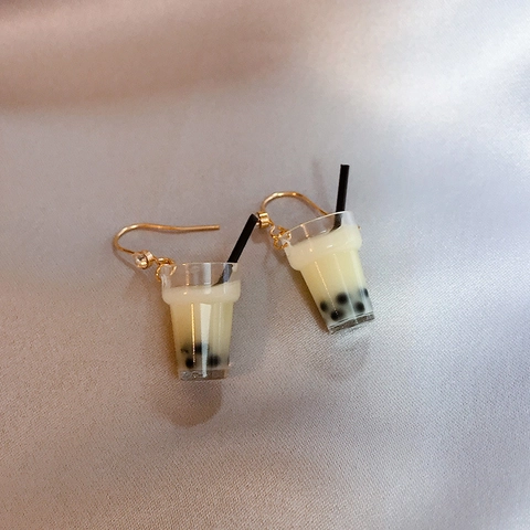 Cute Resin Miniature Artificial Pearl Milk Tea Bubble Tea Drop Earrings For Women Girls Creative Fun Food Dangle Earrings With Rhinestone