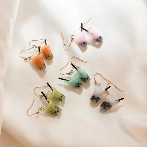 Cute Resin Miniature Artificial Pearl Milk Tea Bubble Tea Drop Earrings For Women Girls Creative Fun Food Dangle Earrings With Rhinestone