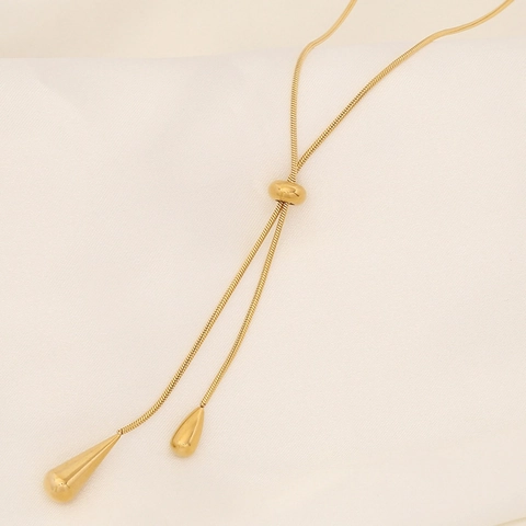 Minimalistische Vergoldete Titanstahl Wassertropfen Quaste Halskette Und Hänger Ohrringe Set Elegante Schlangenkette Schmuck Für Damen