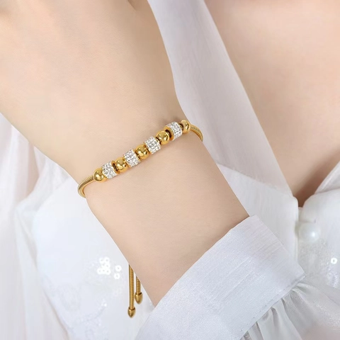 Bracciale in Acciaio Inossidabile Stile Palazzo Francese Con Perline Rotonde Strass Fibbia Scorrevole Regolabile Gioielli Donna