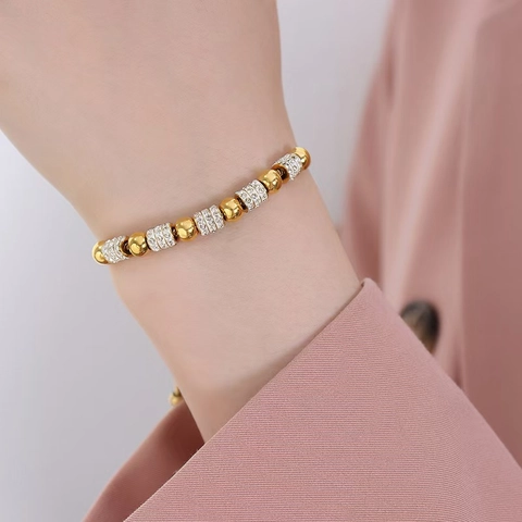 Bracciale in Acciaio Inossidabile Stile Palazzo Francese Con Perline Rotonde Strass Fibbia Scorrevole Regolabile Gioielli Donna