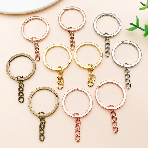 Zinc Alloy Flat Split Key Ring With Four Link Chain For DIY Jewelry Making Connector Metal Keychain Parts Multi Color