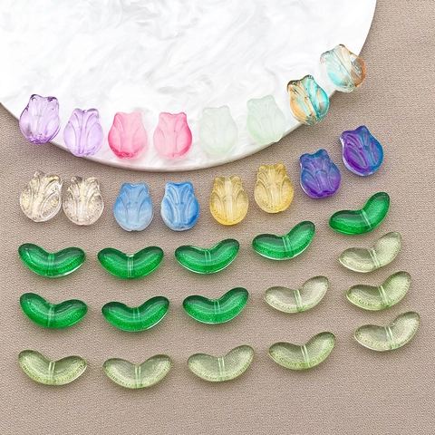 Handmade Lampwork Glass Beads Tulip Flower Leaf Charms For DIY Jewelry Making Bracelet Necklace Keychain Craft Accessories