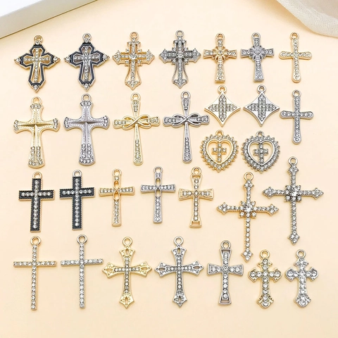 Vintage Alloy Rhinestone Cross Heart Pendant Enamel Hollow Design DIY Jewelry Findings Accessories For Necklace Making