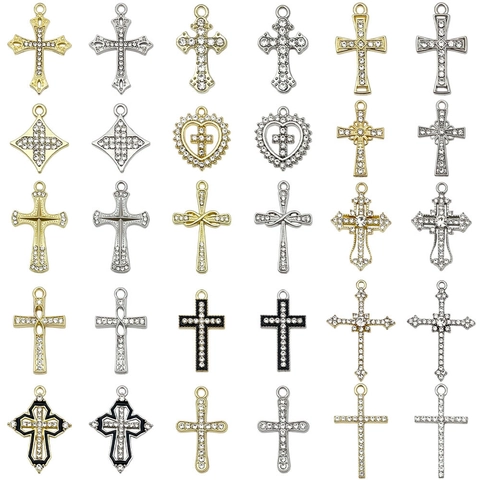 Vintage Alloy Rhinestone Cross Heart Pendant Enamel Hollow Design DIY Jewelry Findings Accessories For Necklace Making