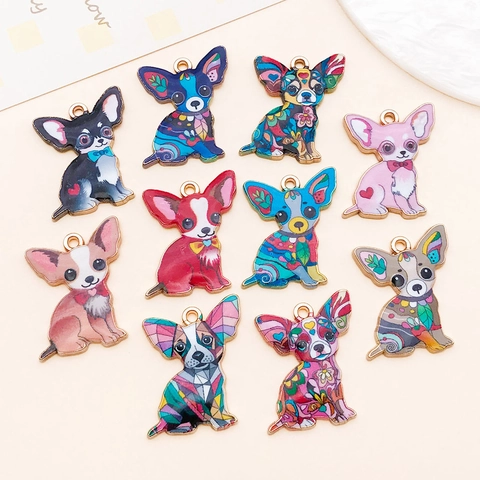 Cartoon Chihuahua Dog Alloy Enamel Charms For DIY Jewelry Making Bohemian Floral Puppy Pendants For Bracelets Bag Accessories