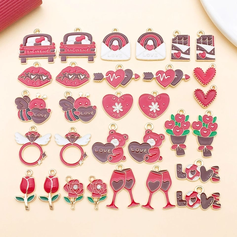 Vintage Legierung Emaille Herz Charms Für DIY Schmuckherstellung Valentinstag Rose Bär Weinglas Ring Lippe Anhänger Für Damen