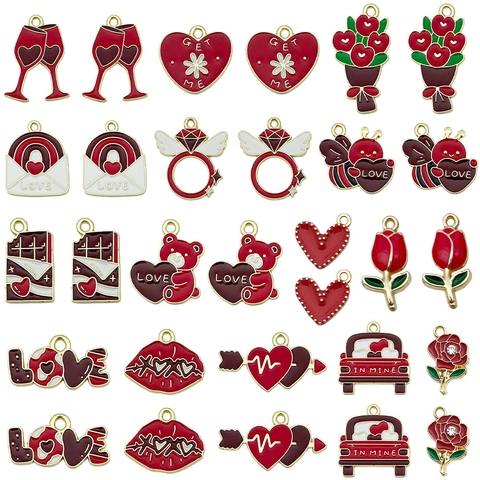 Vintage Legierung Emaille Herz Charms Für DIY Schmuckherstellung Valentinstag Rose Bär Weinglas Ring Lippe Anhänger Für Damen