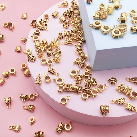 Antique Gold Alloy Bail Beads Embossed Floral Leaf Pattern Large Hole Connectors DIY Jewelry Making Charms Accessories