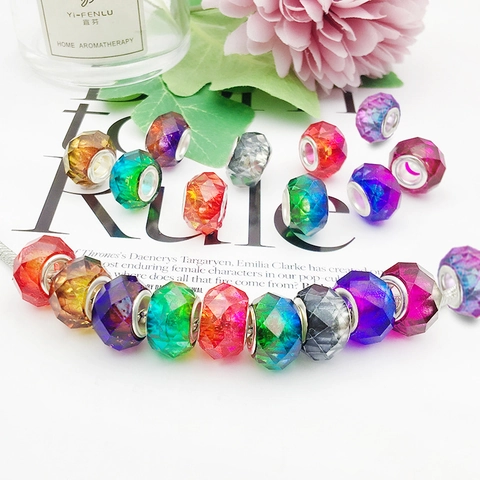Gradient Faceted Large Hole Resin Charm Beads Colorful Rainbow Spacer Beads For DIY Bracelet Necklace Jewelry Making