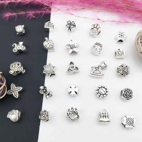 Vintage Zinc Alloy Large Hole Beads For DIY Jewelry Making Flower Leaf Camera Animal Paw Print Charms Bracelet Accessory