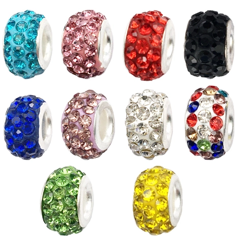 Round Large Hole Spacer Beads Rhinestone Inlaid Alloy Resin Polymer Clay Charms For DIY Jewelry Bracelet Necklace Making