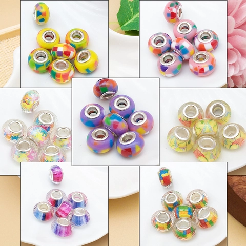 Colorful Acrylic Resin Large Hole Beads For DIY Bracelet Necklace Making Accessories Mosaic Floral Rainbow Stripe Spacer Beads Jewelry Charms