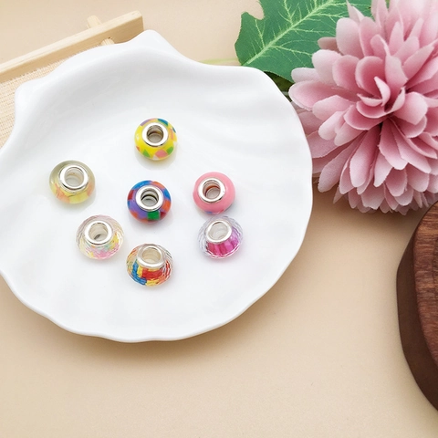 Colorful Acrylic Resin Large Hole Beads For DIY Bracelet Necklace Making Accessories Mosaic Floral Rainbow Stripe Spacer Beads Jewelry Charms