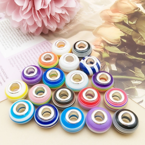 Colorful Striped Resin Large Hole Beads With Alloy Core Bohemian Spacer Charms For DIY Jewelry Making Bracelet Necklace