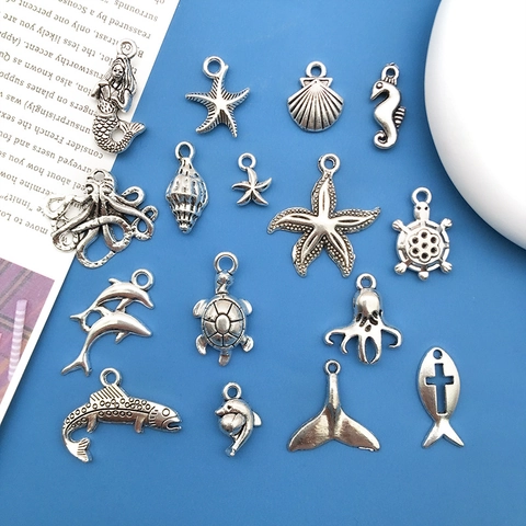 Antique Silver Zinc Alloy Ocean Sea Animal Pendants For DIY Jewelry Making Mermaid Starfish Turtle Dolphin Fish Bone Charms