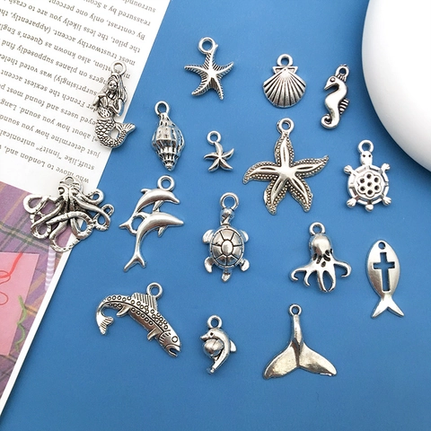 Antique Silver Zinc Alloy Ocean Sea Animal Pendants For DIY Jewelry Making Mermaid Starfish Turtle Dolphin Fish Bone Charms