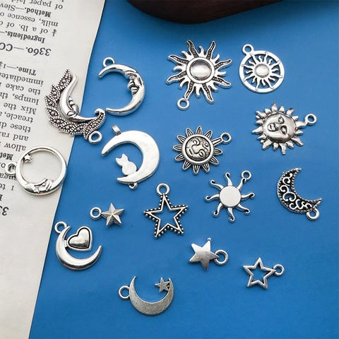 Vintage Alloy Sun Moon Star Charms Pendants Antique Silver Celestial DIY Jewelry Making Accessories For Necklace Bracelet