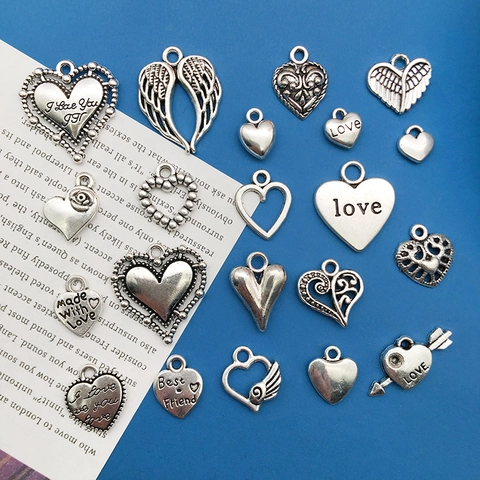 Mixed Vintage Alloy Heart Pendants Love Heart Wings Arrow Charms For DIY Necklace Bracelet Jewelry Making Supplies Retro Silver