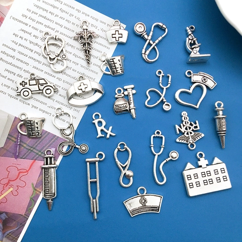 Antique Silver Medical Theme Zinc Alloy Charms Pendants Mixed Stethoscope Syringe Nurse Hat Microscope For DIY Jewelry Making Crafts Pendants Accessories