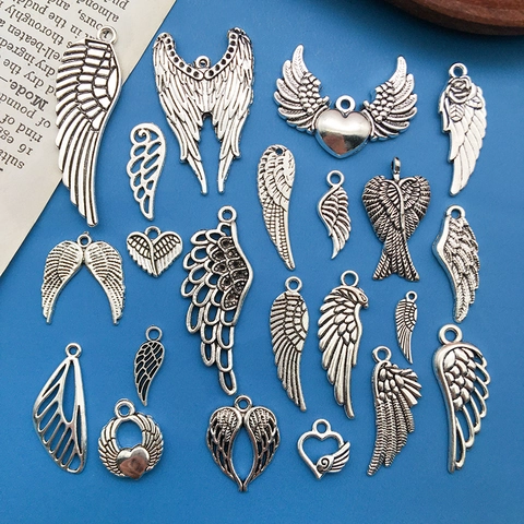 Vintage Antique Silver Alloy Angel Wing Feather Heart Charms Pendants Mixed Models For DIY Jewelry Making Crafts Pendants