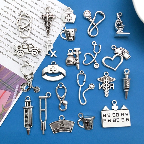 Antique Silver Medical Theme Zinc Alloy Charms Pendants Mixed Stethoscope Syringe Nurse Hat Microscope For DIY Jewelry Making Crafts Pendants Accessories