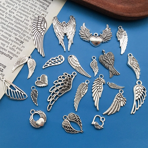 Vintage Antique Silver Alloy Angel Wing Feather Heart Charms Pendants Mixed Models For DIY Jewelry Making Crafts Pendants