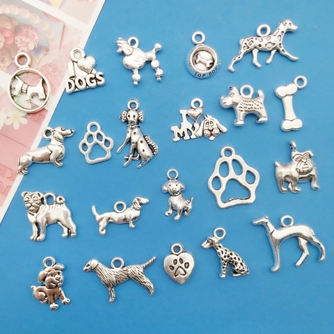 Vintage Antique Silver Alloy Dog Charms Pendants Mixed Animal Breeds Paw Bone Shapes For DIY Necklace Bracelet Making