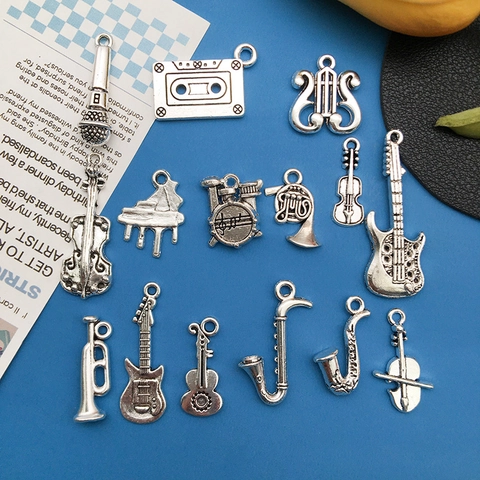 Antique Silver Alloy Musical Instrument Pendants Retro Guitar Piano Saxophone Charms For DIY Jewelry Making Accessories