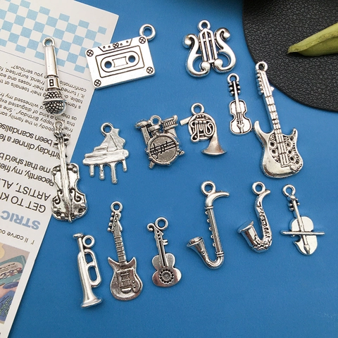 Antique Silver Alloy Musical Instrument Pendants Retro Guitar Piano Saxophone Charms For DIY Jewelry Making Accessories