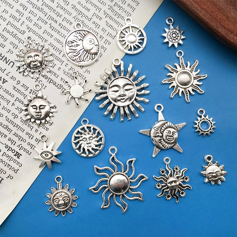Vintage Silver Zinc Alloy Sun Moon Star Pendants DIY Jewelry Making Celestial Face Charms Assortment For Necklace Bracelet Handicraft