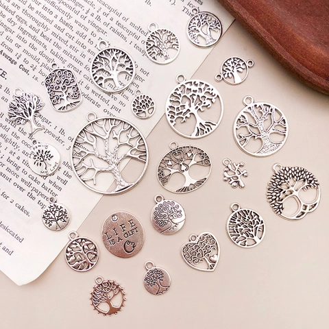 Pendentifs Évidés en Alliage de Zinc Argent Antique Vintage Arbre de Vie Styles Mixtes Breloques pour Création de Bijoux