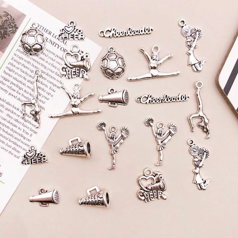 Antiek Zilveren Legering Cheerleader Hangers DIY Sieraden Bedels Megaphoon Voetbal Dans Silhouet Voor Armbanden Sleutelhangers Maken Cadeau