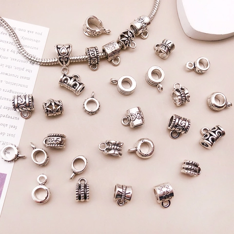 Vintage Zinc Alloy Large Hole Bail Beads Pendants For DIY Bracelet Necklace Antique Silver Heart Flower Charms Connectors Jewelry Findings