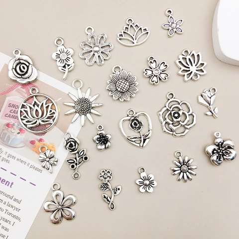 Antique Silver Alloy Flower Charms Rose Lotus Sunflower Hollow Out DIY Jewelry Making Pendants Crafts Supplies Accessories