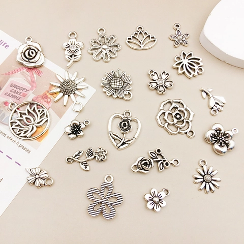Antique Silver Alloy Flower Charms Rose Lotus Sunflower Hollow Out DIY Jewelry Making Pendants Crafts Supplies Accessories