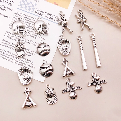 Antique Silver Zinc Alloy Baseball Pendant Set Bat Helmet Glove Athlete Charms For DIY Jewelry Making Accessories