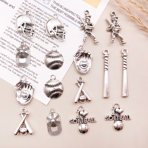 Antique Silver Zinc Alloy Baseball Pendant Set Bat Helmet Glove Athlete Charms For DIY Jewelry Making Accessories