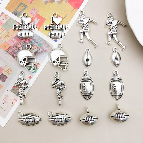 Antique Silver Alloy American Football Charms Pendants Helmet Athlete Sports Theme DIY Jewelry Making Accessories For Bracelet