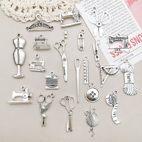 Vintage Antiek Zilver Legering Naaiaccessoires Hangers Voor DIY Sieraden Maken Naaimachine Schaar Mannequin Bedeltjes