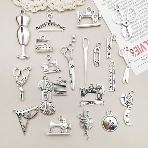 Vintage Antiek Zilver Legering Naaiaccessoires Hangers Voor DIY Sieraden Maken Naaimachine Schaar Mannequin Bedeltjes