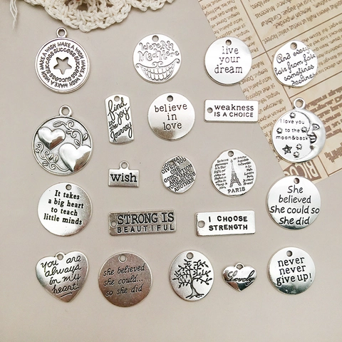 Ciondoli in Lega di Zinco Vintage con Citazioni Ispiratrici per Gioielli Fai-da-te Etichette con Lettere Argento Antico