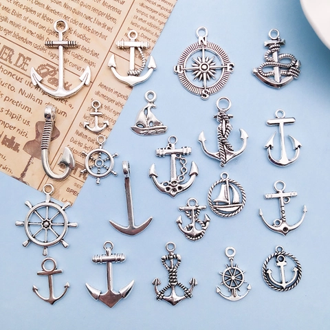 Antique Silver Zinc Alloy Nautical Anchor Helm Compass Sailboat Charms For DIY Jewelry Making Necklaces Bracelets Keychains Mixed Style Set