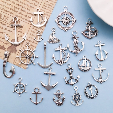 Antique Silver Zinc Alloy Nautical Anchor Helm Compass Sailboat Charms For DIY Jewelry Making Necklaces Bracelets Keychains Mixed Style Set