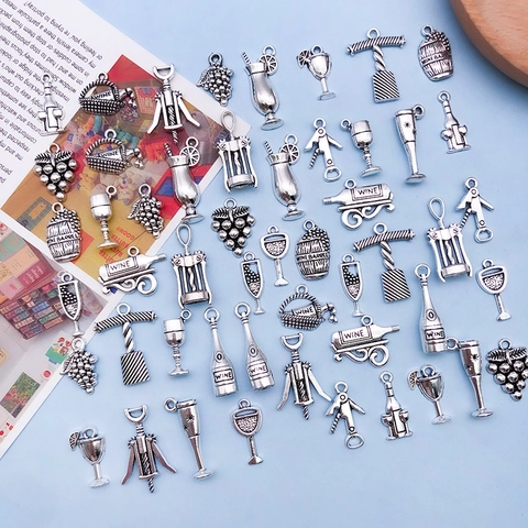 Vintage Argento Antico Lega Ciondoli Vino per Creazione Gioielli Bottiglia Bicchiere Uva Cavatappi Accessori Fai da Te