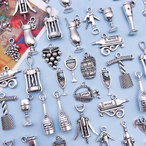 Vintage Argento Antico Lega Ciondoli Vino per Creazione Gioielli Bottiglia Bicchiere Uva Cavatappi Accessori Fai da Te