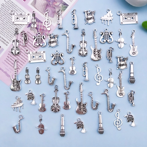 Vintage Zinc Alloy Musical Instrument Pendants Antique Silver Guitar Piano Violin Note Shapes DIY Jewelry Making Accessories