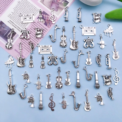 Vintage Zinc Alloy Musical Instrument Pendants Antique Silver Guitar Piano Violin Note Shapes DIY Jewelry Making Accessories